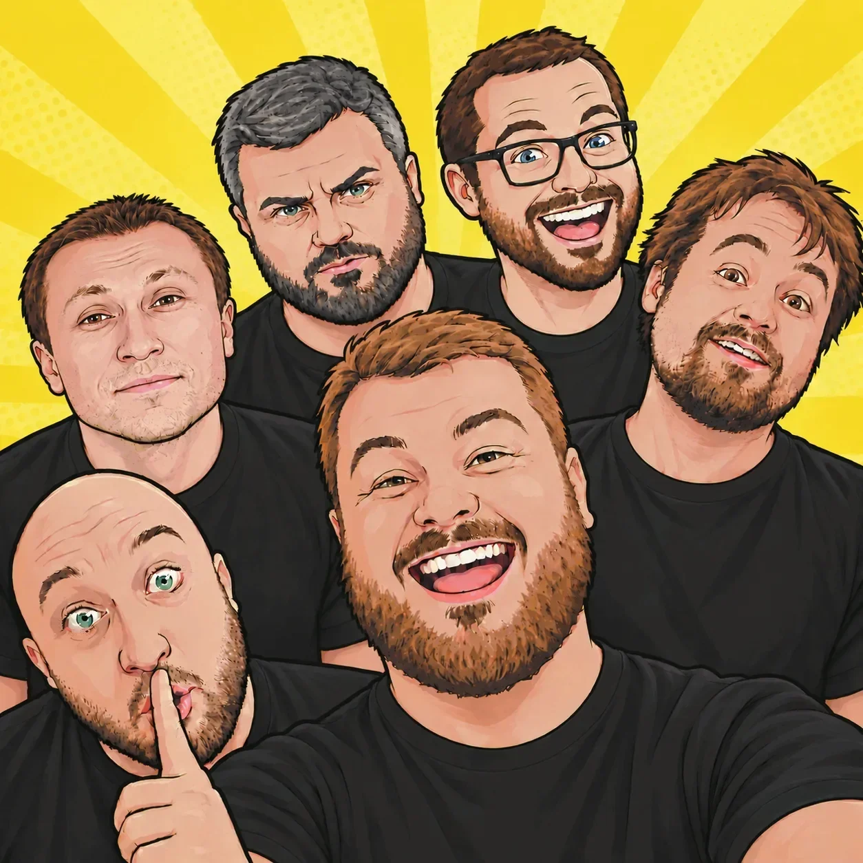 Kreslený portrét party Žerty stranou: Marcel, Petr, Honza, Víťa, Koubič a Béďa